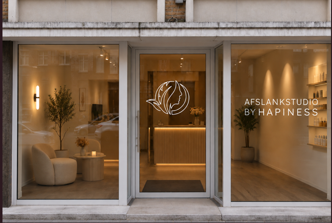 Gevel van Afslankstudio by Hapiness met verlichte etalage